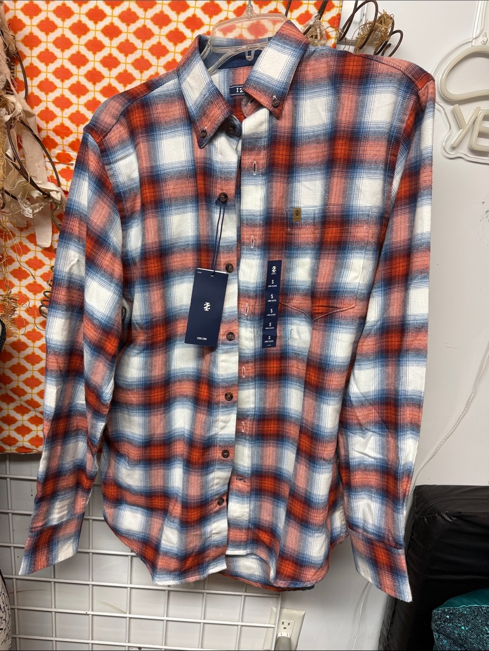 Izod Button-Down Plaid Shirt in Red, Blue & White